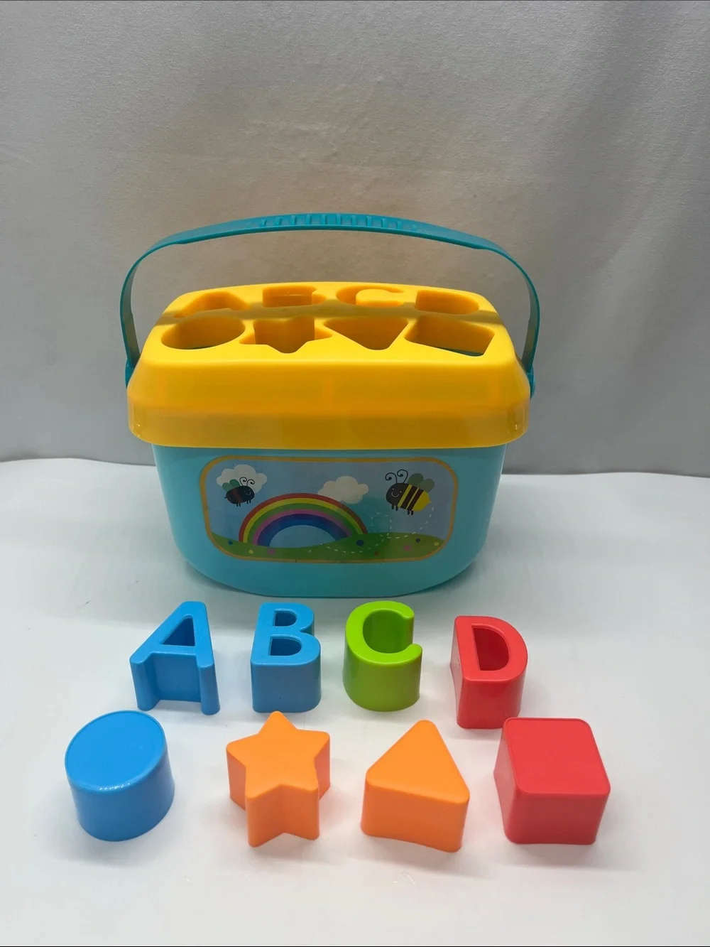 Colorful ABC Shape Sorter Bucket Toy - Blue, Yellow, Red, Green
